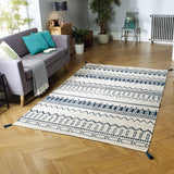 Hand Woven Cotton Rug Cream Navy Blue Carpet with Tassels Moroccan Nomad Berber Pattern Living Room Bedroom Natural Mat