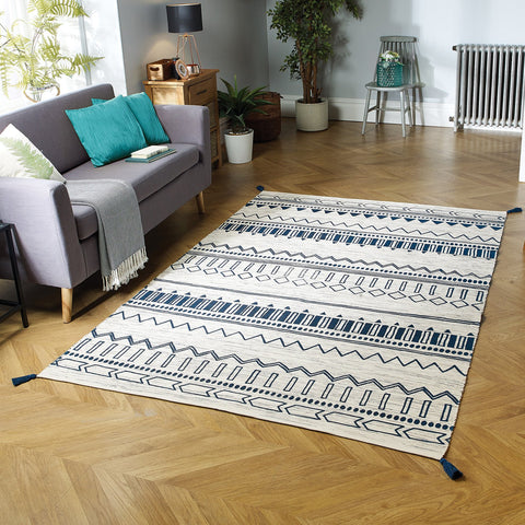 Hand Woven Cotton Rug Cream Navy Blue Carpet with Tassels Moroccan Nomad Berber Pattern Living Room Bedroom Natural Mat