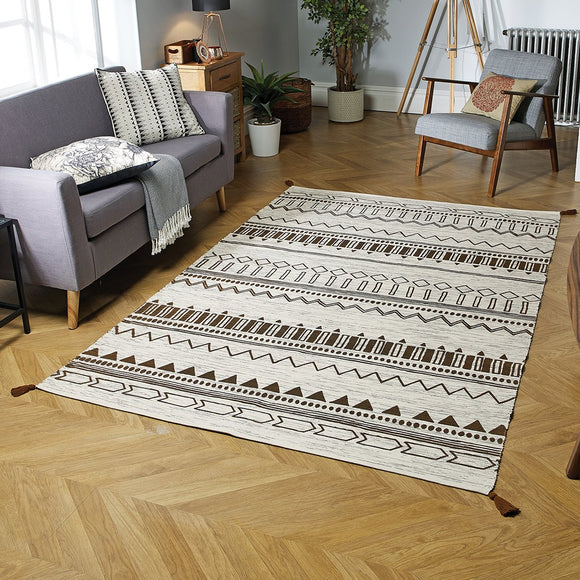 Hand Woven Rug 100% Cotton Cream Brown Carpet with Tassels Moroccan Nomad Berber Living Room Bedroom Carpet Mat