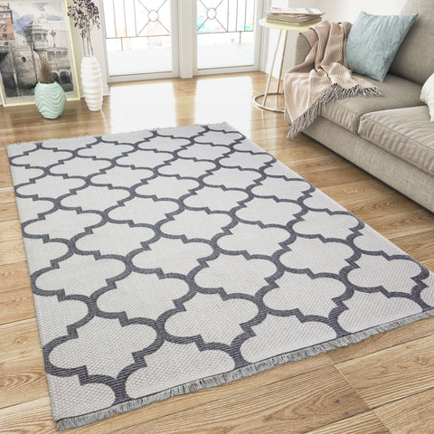 Cotton Rug Cream Grey with Tassels Washable Trellis XL Large & Small Flatweave Natural Living Room Bedroom Carpet