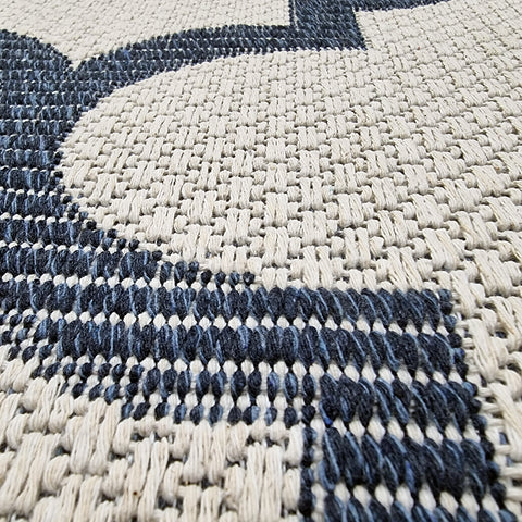 Cotton Rug Cream Washable Navy Blue Trellis Pattern XL Large & Small Flatweave Natural Living Room Bedroom Carpet