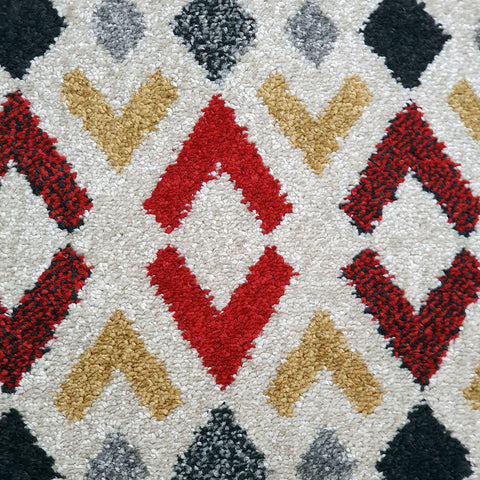 Modern Rugs Cream Ivory Red Yellow Grey Geometric Diamond Abstract Patterned Carpet Small Large Area Mat Woven Friese Soft Polypropylene Living Dining Room Bedroom Lounge Runner Hallway 70x140 70x240 120x170 160x220 New