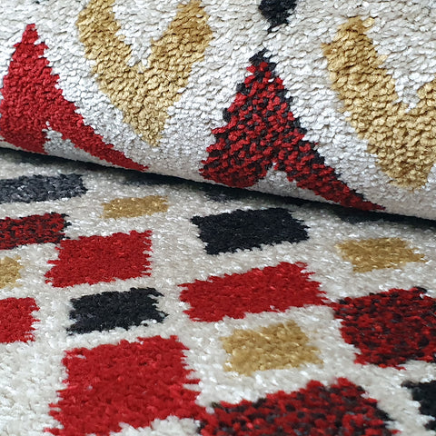 Modern Rugs Cream Ivory Red Yellow Grey Geometric Diamond Abstract Patterned Carpet Small Large Area Mat Woven Friese Soft Polypropylene Living Dining Room Bedroom Lounge Runner Hallway 70x140 70x240 120x170 160x220 New