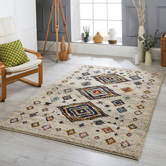 Cream Fluffy Rug Boho Shaggy Triabal Style Multicoloured Pattern Living Room Bedroom Carpet Mat