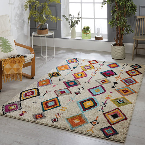 Cream Rug Boho Shaggy Fluffy Berber Style Multicoloured Pattern Living Room Bedroom Carpet Mat 