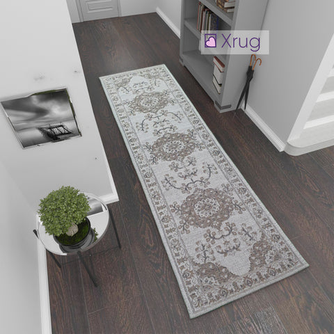 Modern Cream Brown Taupe Dark Grey Anthracite Oriental Vintage Rug Runner 100% Cotton Natural Hallway Hall  Flat Weave Carpet Washable Natural Woven Mat - 75x300cm  Living Room Bedroom Floor Area Mat Contemporary
