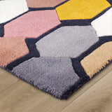 Wool Rug Modern Multicoloured Grey Pink Yellow Geometic Contour Cut Pattern Thick Heavy Rug Carpet