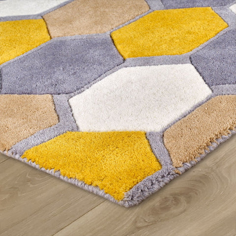 Geometric Wool Rug Natural Carpet Multicoloured Grey Yellow Diamond Contour Cut Pattern Thick Heavy Rugs