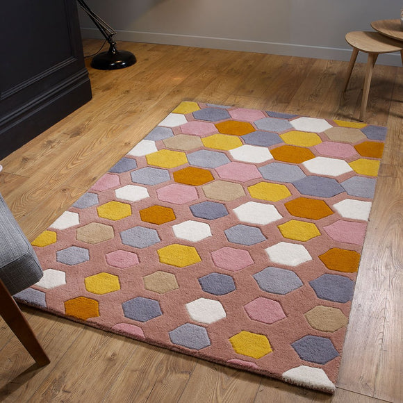 Mulitcoloured Rug 100% Wool Hand Tufted Carpet Pink Grey Geometric Hand Carved Pattern Heavy Thick Living Room Bedroom Area Mat
