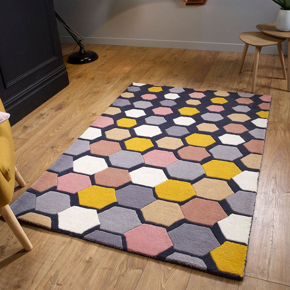 Diamond Rug 100% Wool Heavy Thick Hand Tufdted Rugs with Grey Pink Yellow Multicoloured Contour Cut Pattern Natural Carpet Area Mat 