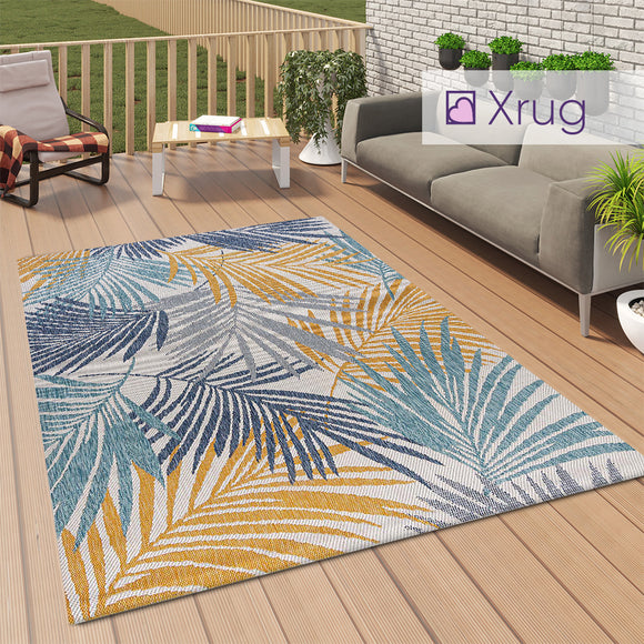 Outdoor Carpet Rug Plastic Yellow Blue Floral Palm Design Large Flatweave Runner
