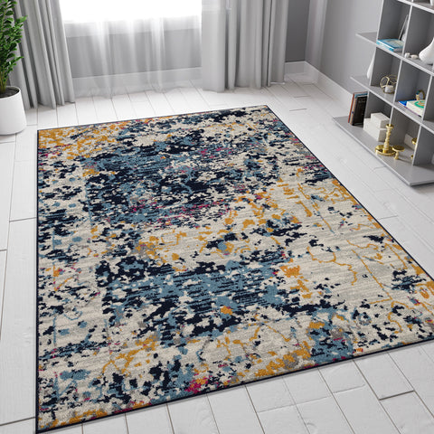 Distressed Rug Blue Grey Yellow Colourful Bright Carpet Large Small Living Room Bedroom