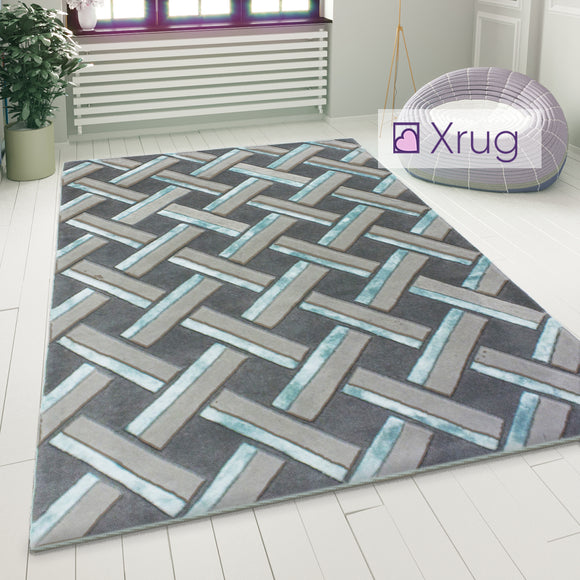 Duck Blue Grey Rug Wool Carpet Geometric Contour Cut Pattern Thick Floor Mat New