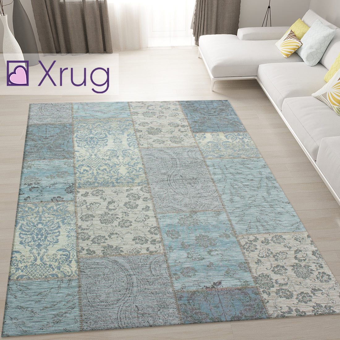 Duck Egg Blue Rug Modern Design Patchwork Chenille Rugs Mat Bedroom Ar ...
