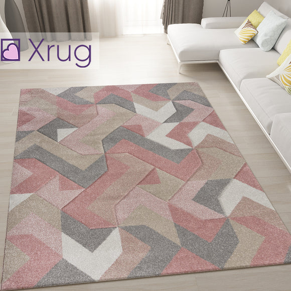 Dusky Pink Rug Hand Carved Pattern Modern Abstract Carpet Small Large Room Mat