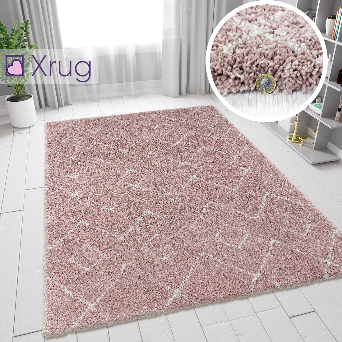 Dusky Pink Rug Thick Pile Carpet Aztec Pattern Modern Living Room Loun ...