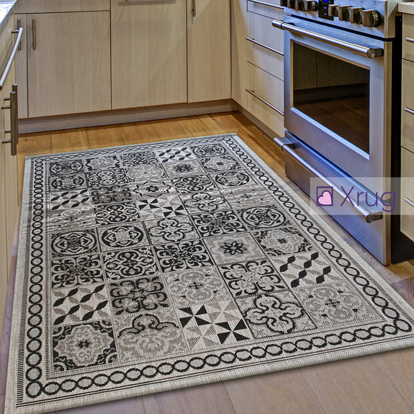 Flat Woven Rugs Grey Black Kitchen Carpet Trellis Pattern Hard Wearing Floor Mat