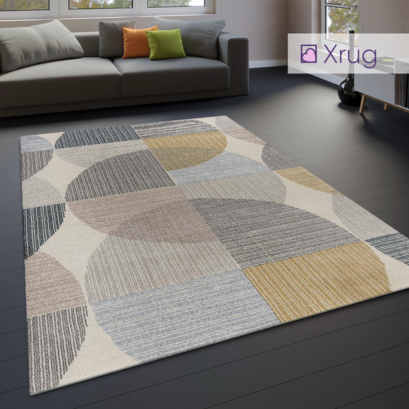 Cream Geometric Rug Grey Yellow Modern Colourful Abstract Pattern Large Runner