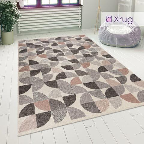 Modern Design Rug Dusky Pink Grey Cream Geometric Large Runner Living Room Mat