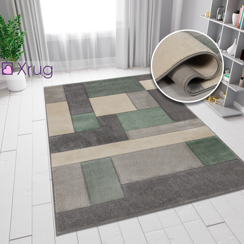 Geometric Rug Mint Green Grey Carpet Hand Carved Checkered Pattern Small Extra Large Living Room Bedroom Area Floor New Mat 80X150 120X170 160X230 200X290