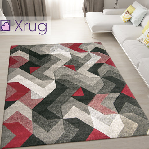 Geometric Rug Red and Grey Modern Hand Carved Pattern Mat Living Room Carpet New