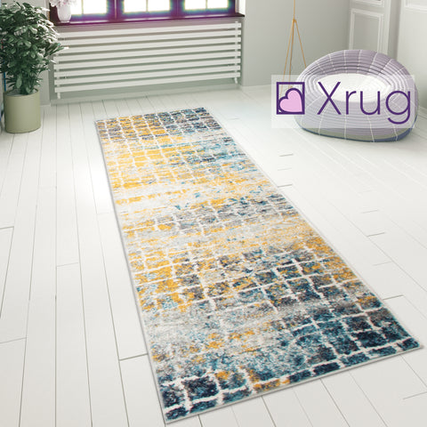 Yellow Grey Blue Black Rug Carpet Mat Living Room Dining Bedroom Area Lounge Floor Hall Runner Small Large New Contemporary Modern Designer Geometric Checkered Pattern Polypropylene Woven Short Low Pile Rectangle Size 100x150 133x185 200x275 60x220