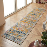 Distressed Blue and Mustard Runner Rug Long Carpet Vintage Oriental Multicoloured Hallway Living Room Runner