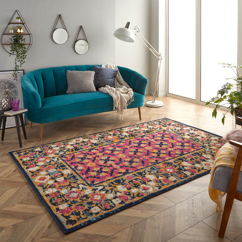 Oriental Multicolored Rug Border Design Small Large Hall Carpet Hard Wearing Mat