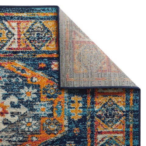 Navy Blue and Mustard Rug Vintage Oriental Design Short Pile Woven Carpet