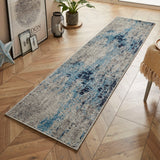 Distressed Runner Rug Blue Grey Long Carpet for Hallway Living Room Modern Design