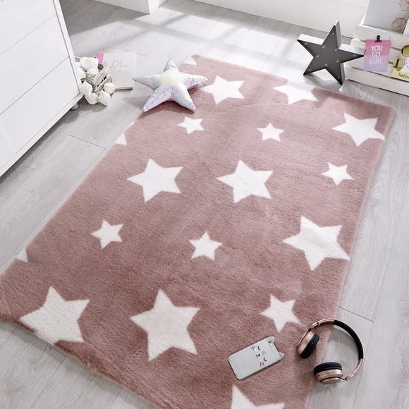 Pink Girls Rug Star Faux Fur Soft Carpet Kids Bedroom Mat Child Nursery 90x150cm  
