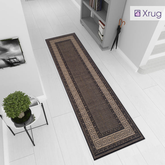 Black Beige Runner Rug Non Slip Greek Key Border Style Kitchen Hallway Long Runner Durable Carpet Mat