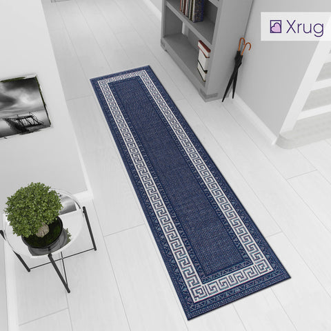 Navy Blue Cream Runner Rug Non Slip Greek Key Border Style Kitchen Hallway Long Runner Durable Carpet Mat
