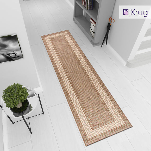 Brown Beige Runner Rug Non Slip Greek Key Border Style Kitchen Hallway Long Runner Durable Carpet Mat