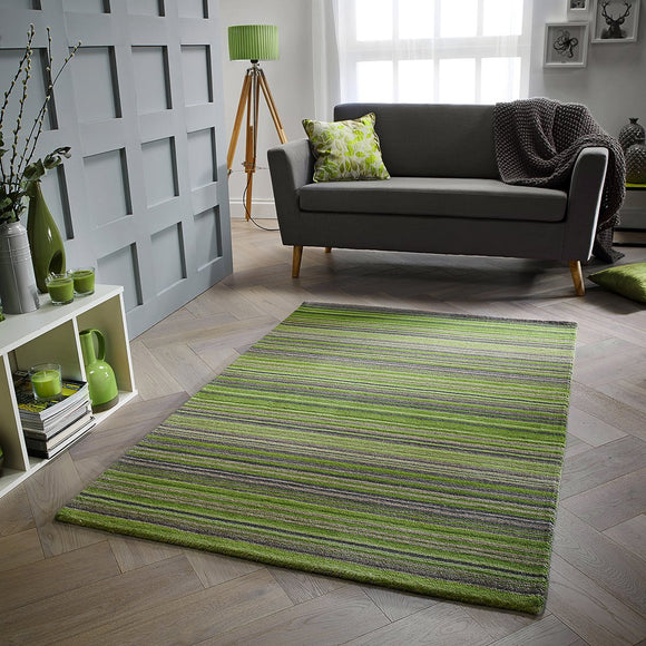 Wool Rug Handmade Green Modern Striped Living Room Bedroom Carpet Thick Mat Runner New