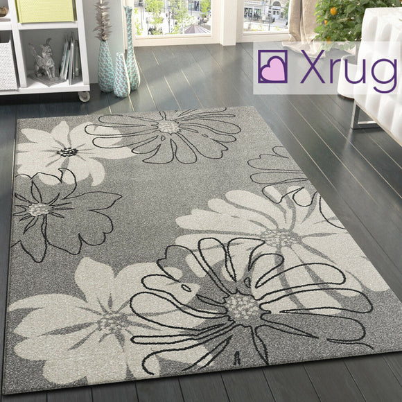 Modern Floral Rug Grey Ivory Black Patterned Carpet Woven Living Room Floor Mats