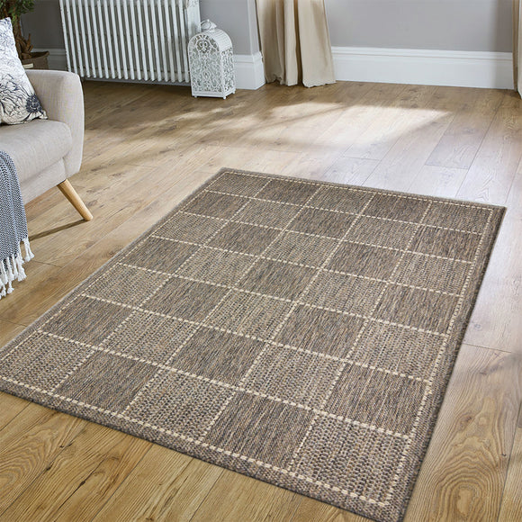 Anti Slip Rug Living Room Grey Beige Check Flat Weave Carpet Mat Runner