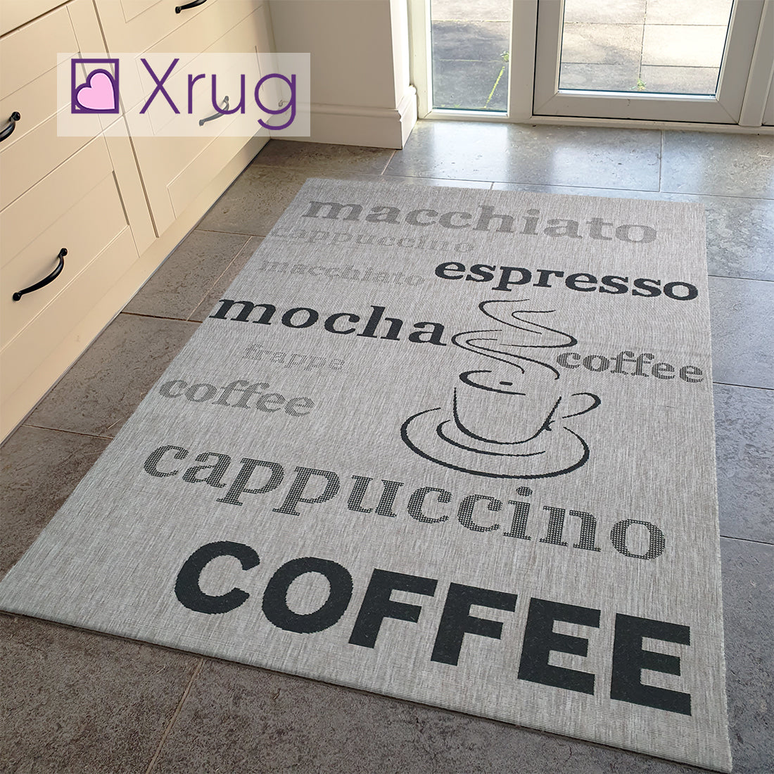 Grey Kitchen Rug Coffee Pattern Jute Look Flat Weave Carpet Small Larg ...