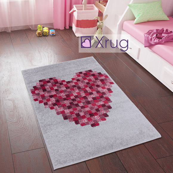 Kids Rug Girls Red Pink Grey Carpet Heart Print Kids Room Rug Nursery Mat 80x120
