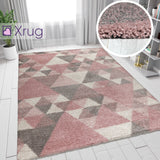 Grey Pink Rug Thick Pile Geometric Rugs Pastel Colour Carpet Bedroom Area Mat