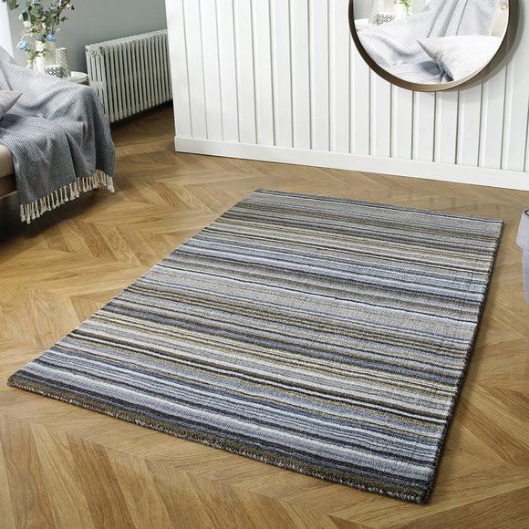 Wool Rug Handmade Grey Modern Striped Living Room Bedroom Carpet Thick Mat Runner New