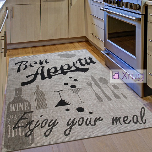 Indoor Rug Grey Black Design Bon Appetit Floor Mat Hard Wearing Kitchen Carpets