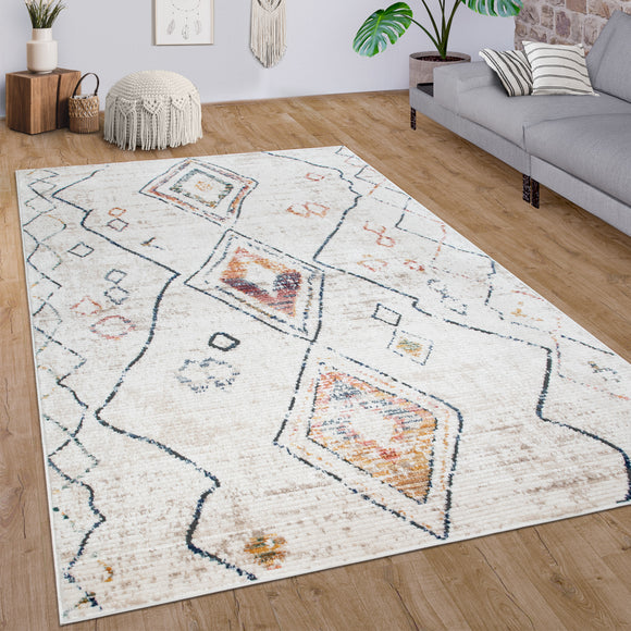 Cream Rug Ethno Style Carpet Multicolored Geometric Design Large Living Room Mat