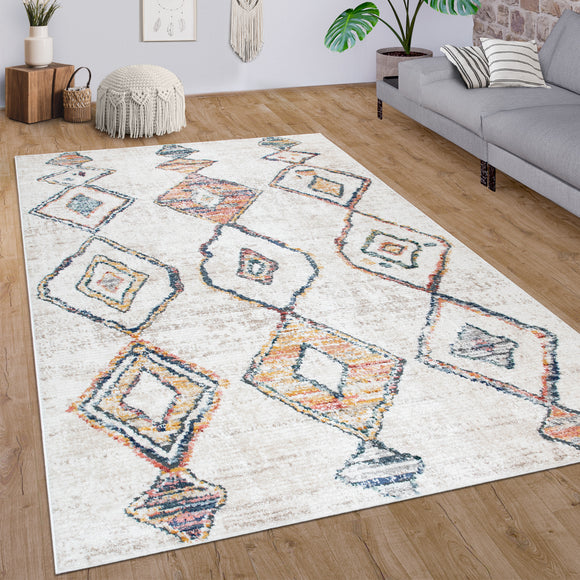 Large Retro Rug Cream Grey Vintage Boho Multicoloured Geometric XL Large Carpet