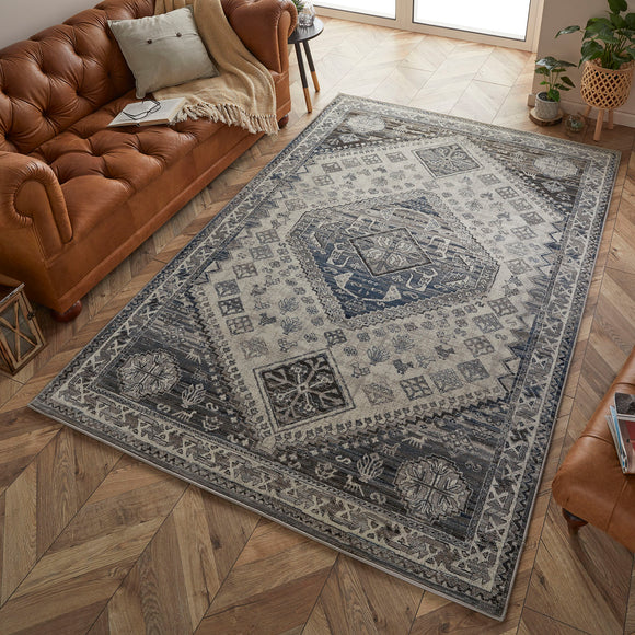 Traditional Rug Grey Cream Oriental Pattern Large Small Runner Circle Area Mats