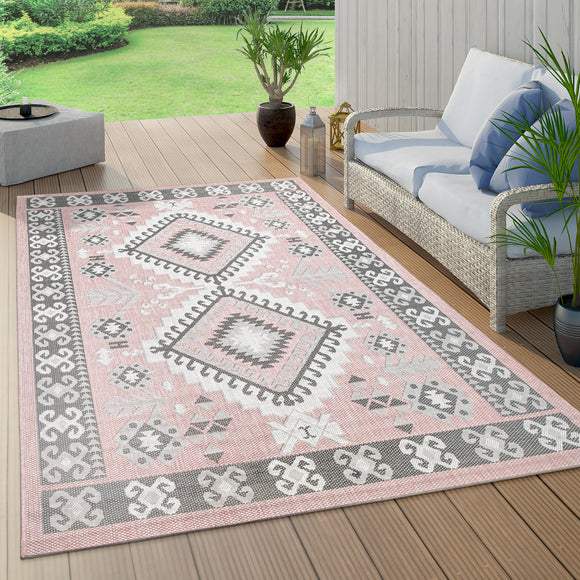 Extra Large Outdoor Rug Pink Grey Oriental Pattern Large Small Patio Garden Mat