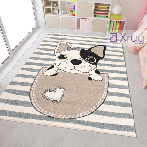 Kids Animal Rug Grey White Cream Beige Black Dog Pattern Playroom Mat Nursery Baby Room Floor Carpet Boys Girls Unisex