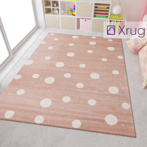 Pastel Pink White Cream Кids Floor Rug Childrens Play Rug Dots Spotted Pattern Small Large Carpet Bedroom Round Mat Nursery Baby Boys Girls Unisex Polypropylene