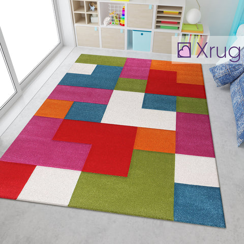 Kids Playroom Rug Multi Colour Red Green Blue Purple Orange Cream White Hand Carved Contour Cut Pattern Mat Childrens Bedroom Carpet Large Small Baby Girls Boys Unisex Geometric Check Polypropylene Frisee