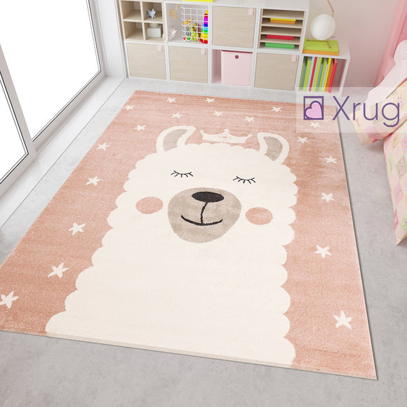Kids Playroom Rug Pink White Cream Childrens Animal Lama Design Bedroom Carpet Baby Room Mat Girls Boys Unisex